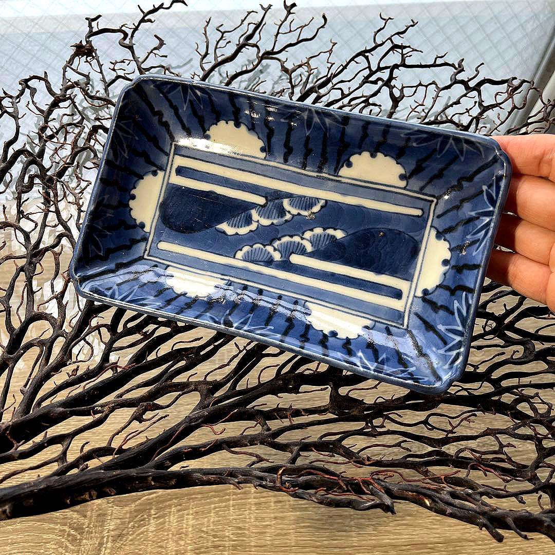 骨董　古伊万里　古染付　竹林　希少　雪輪紋　長皿　ペン皿　１客