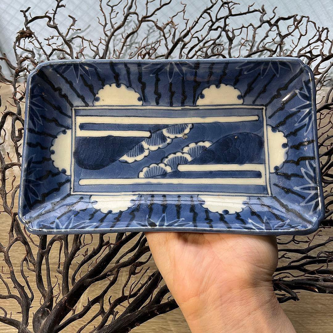 骨董　古伊万里　古染付　竹林　希少　雪輪紋　長皿　ペン皿　１客