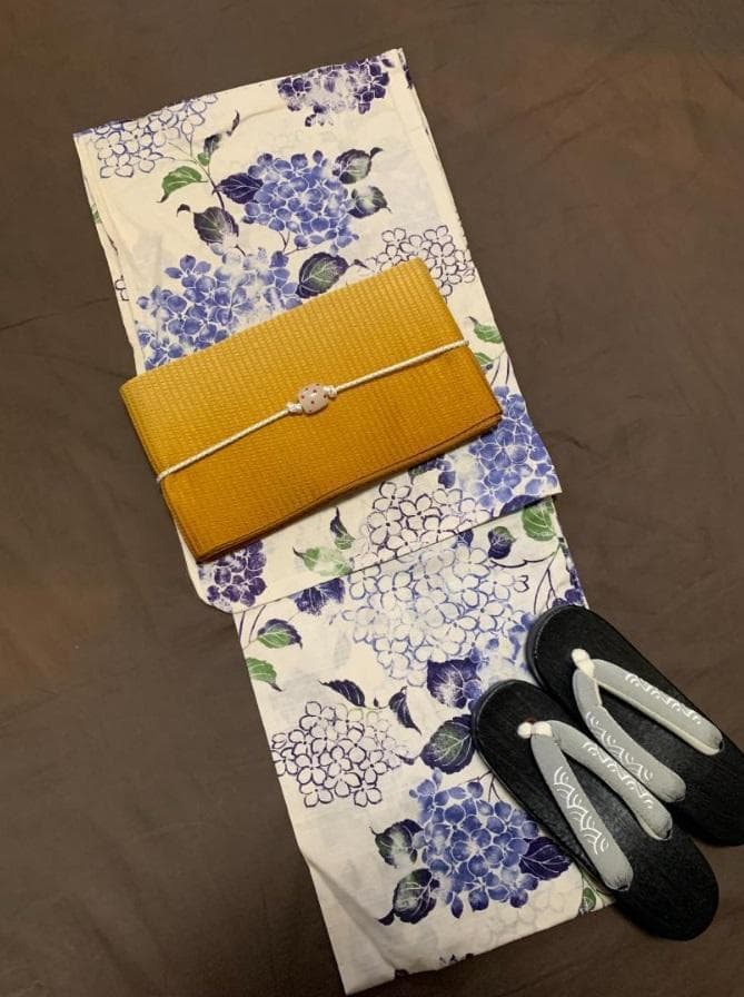 おまかせ下駄＋おまかせ黄色系の兵児帯つき◆◆高級変わり織◆涼し蒼紫陽花