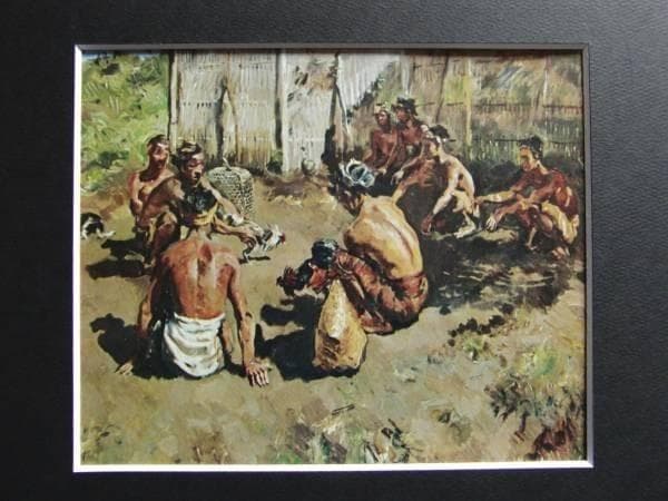 スカルノ大統領所蔵、バリの闘鶏、希少画集画、新品額装付