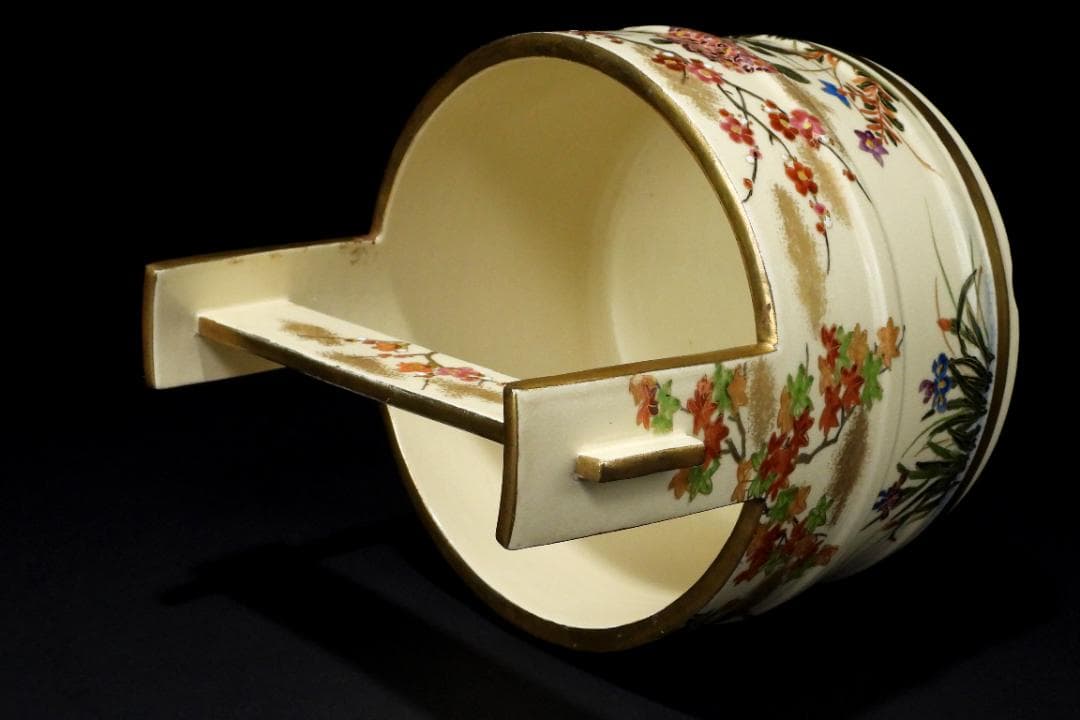 時代 薩摩焼 金彩色絵 花卉紋 手桶 水指 煎茶道具