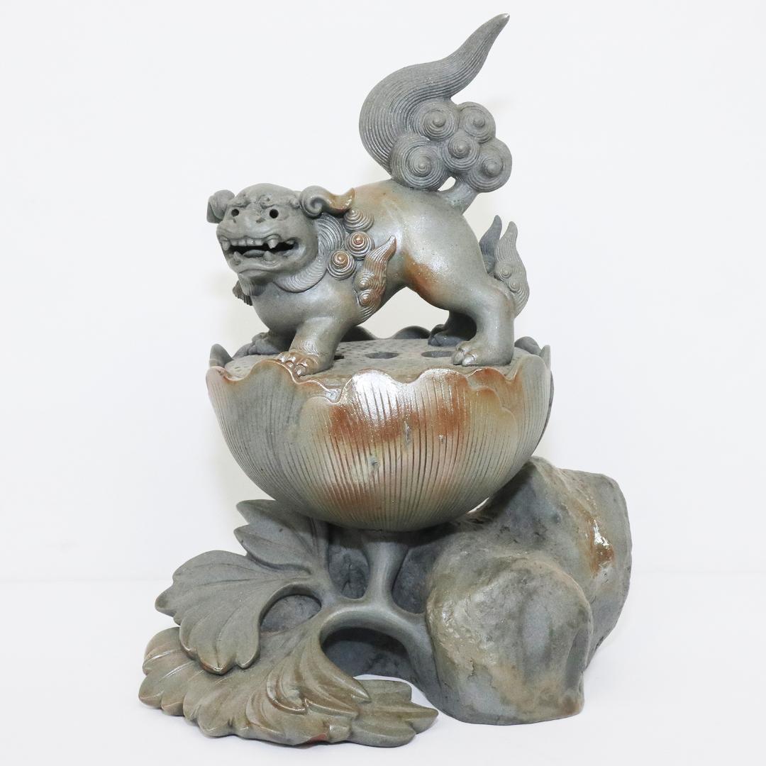 青備前 獅子牡丹香炉 備前焼三名工 西村春湖 作 伊部 備前