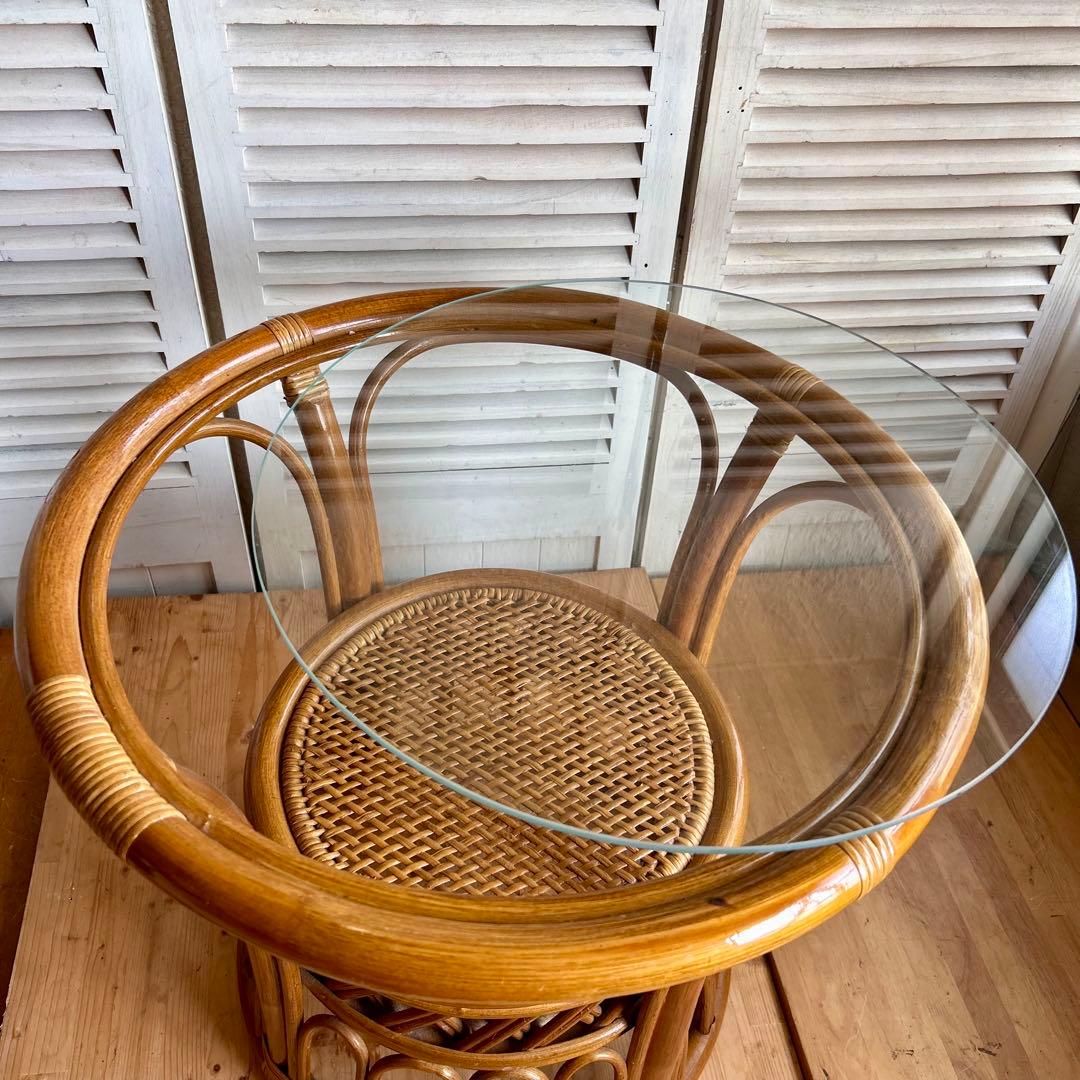 ラタン　ガラス　テーブル　サイドテーブル　コーヒーテーブル　籐　アジア