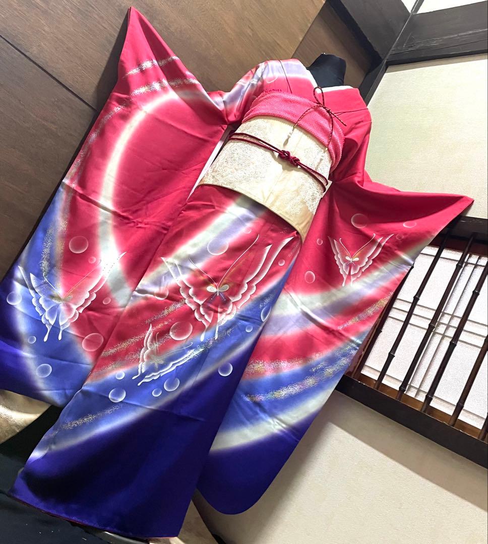 振袖フルセット6点サイズM〜Ｌ舞蝶文　暈し染め　金銀彩　正絹