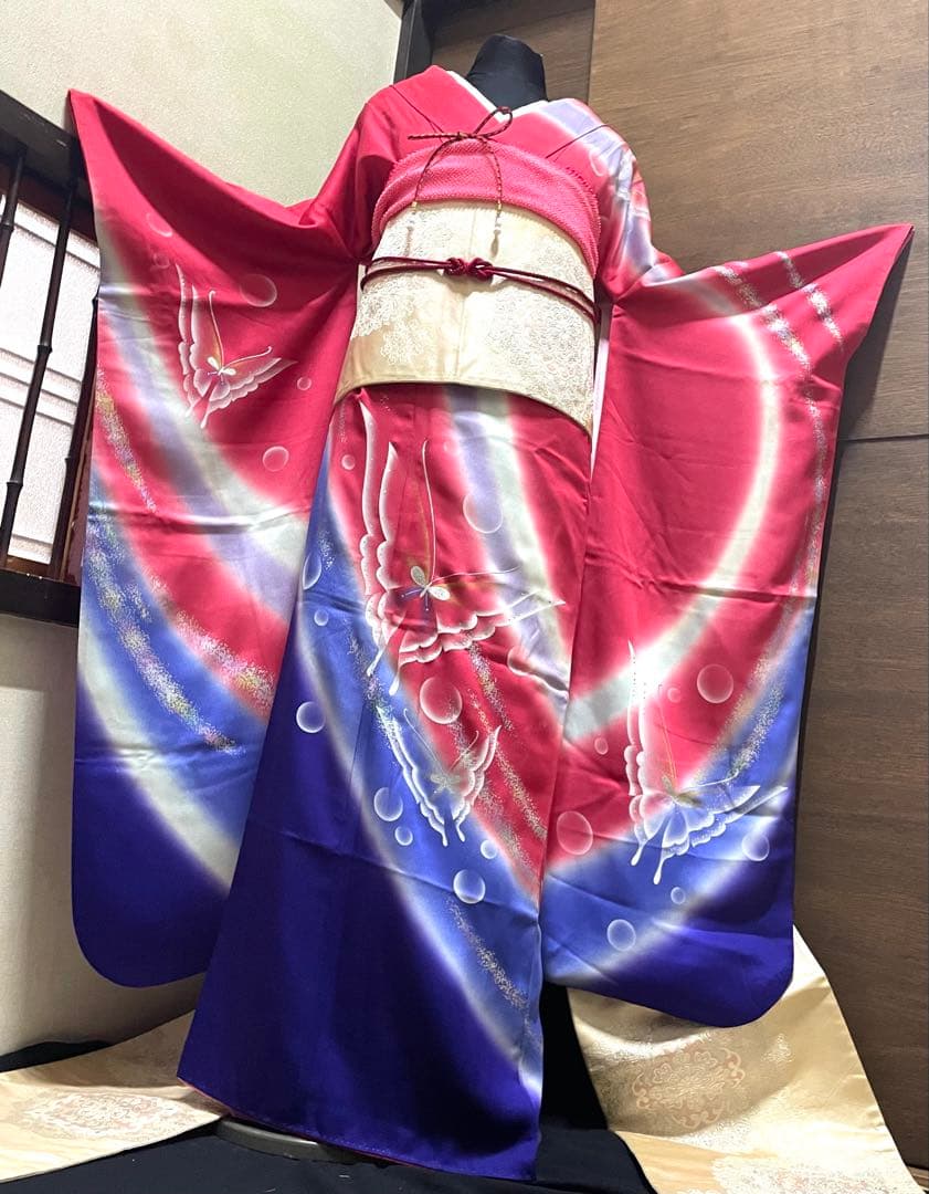 振袖フルセット6点サイズM〜Ｌ舞蝶文　暈し染め　金銀彩　正絹