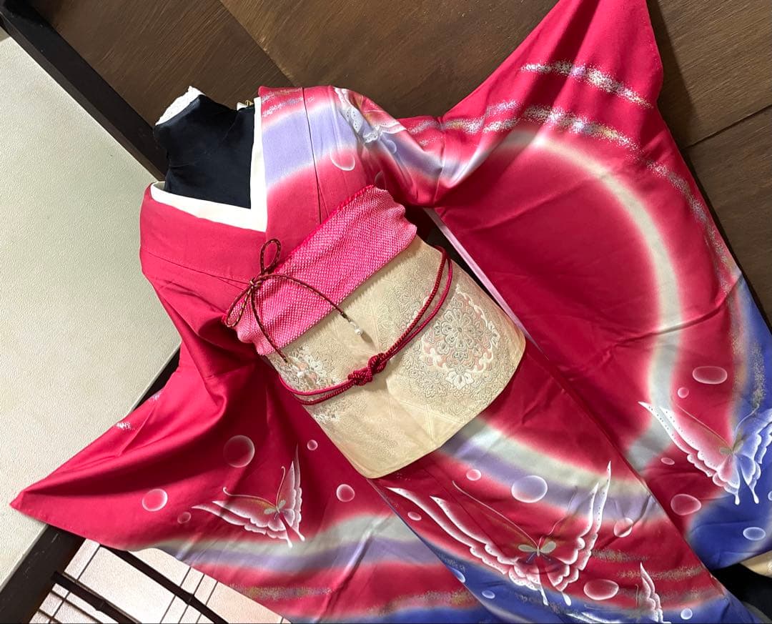 振袖フルセット6点サイズM〜Ｌ舞蝶文　暈し染め　金銀彩　正絹