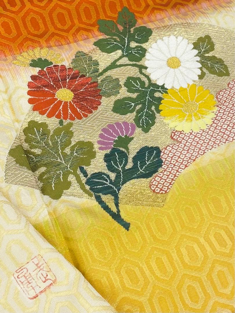 曽根武勇 落款入 御召 振袖 一つ紋 縫い紋 竹笹 金糸 正絹 躾糸付き