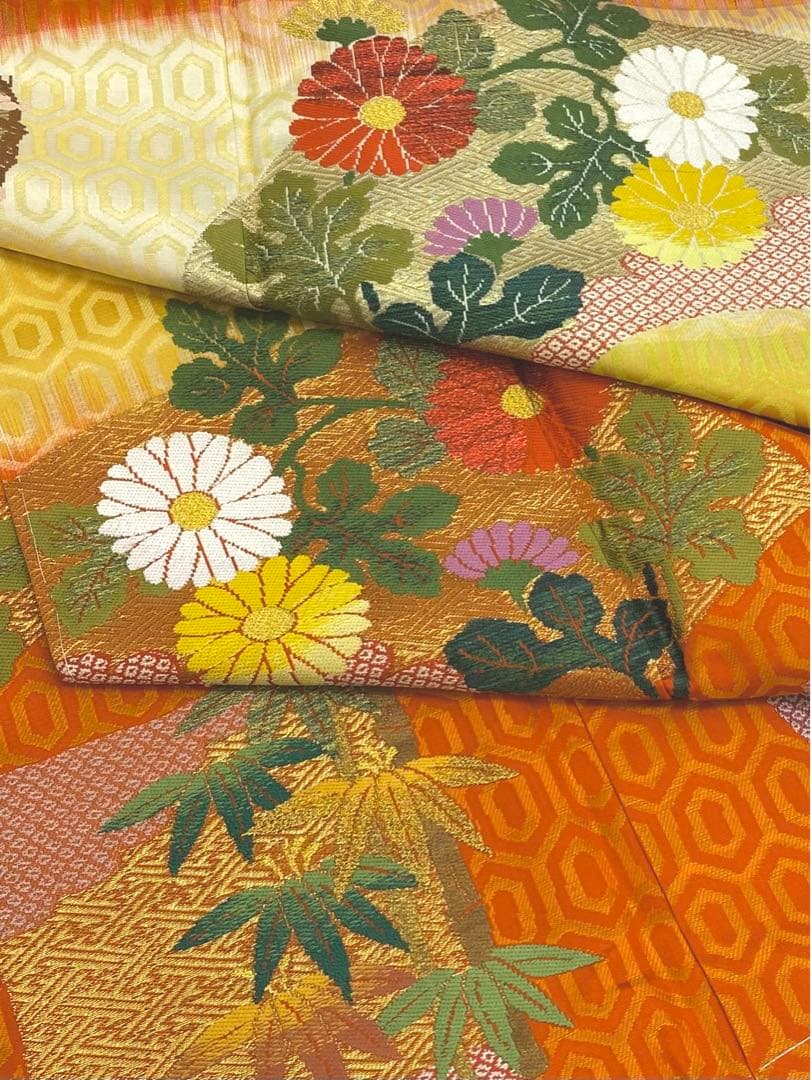 曽根武勇 落款入 御召 振袖 一つ紋 縫い紋 竹笹 金糸 正絹 躾糸付き