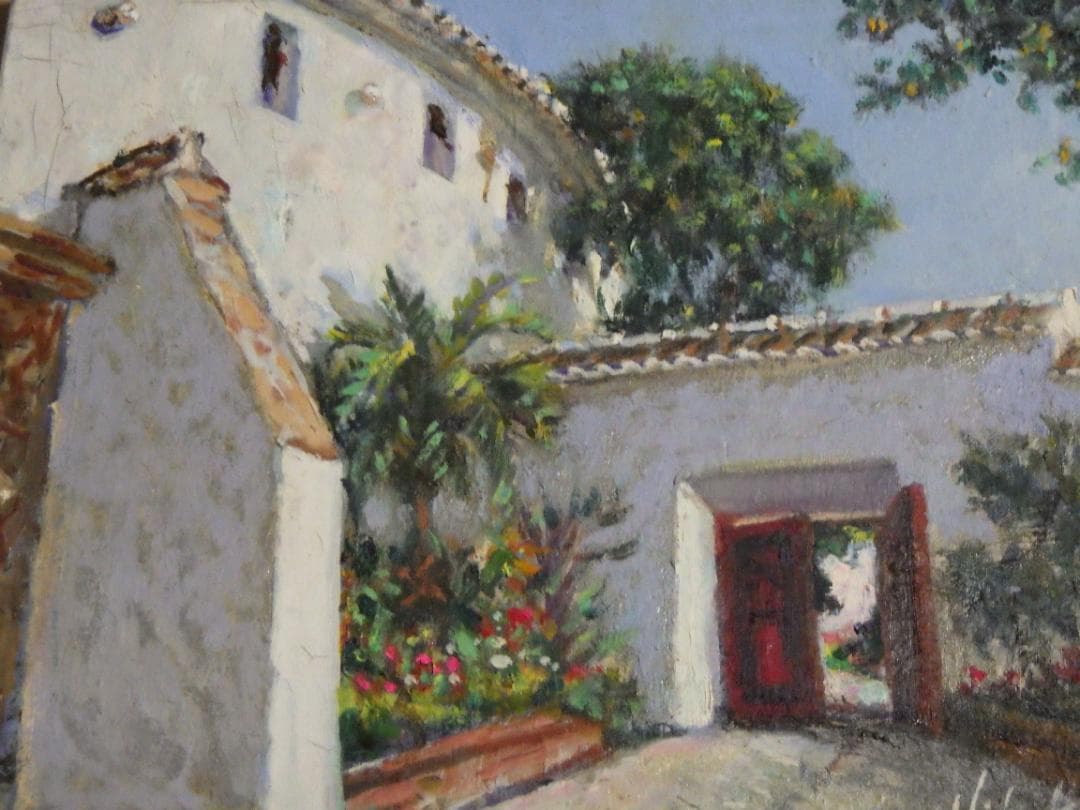 真作 春田美樹 油彩 闘牛場の内庭 ロンダ 肉筆 地図 木枠F6サイズ 一点物