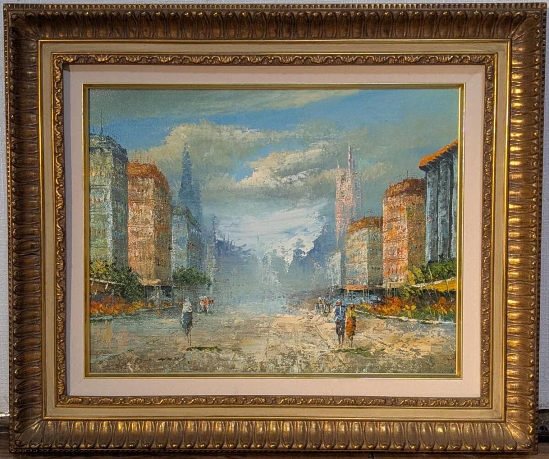 【真作】絵画　油彩6号　ヨーロッパ街景　印象派風　都市のひととき　W193