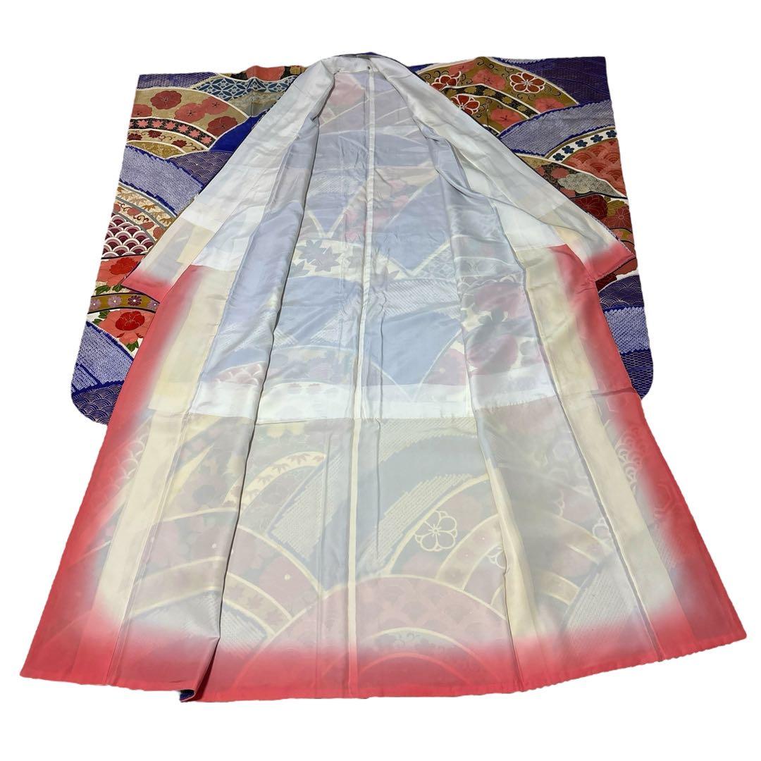 (う12)青紫の祝い青海波模様に本絞りや手描き✨アンティーク振袖⑤点セット㊗️