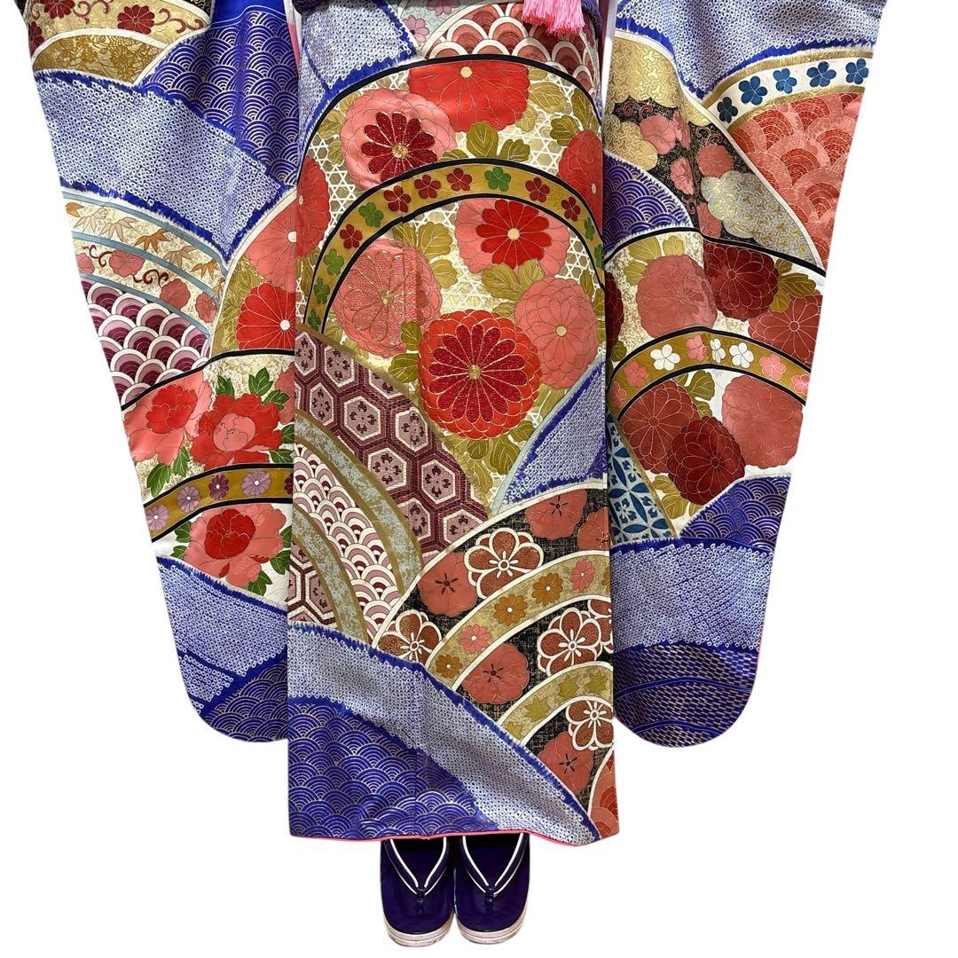 (う12)青紫の祝い青海波模様に本絞りや手描き✨アンティーク振袖⑤点セット㊗️