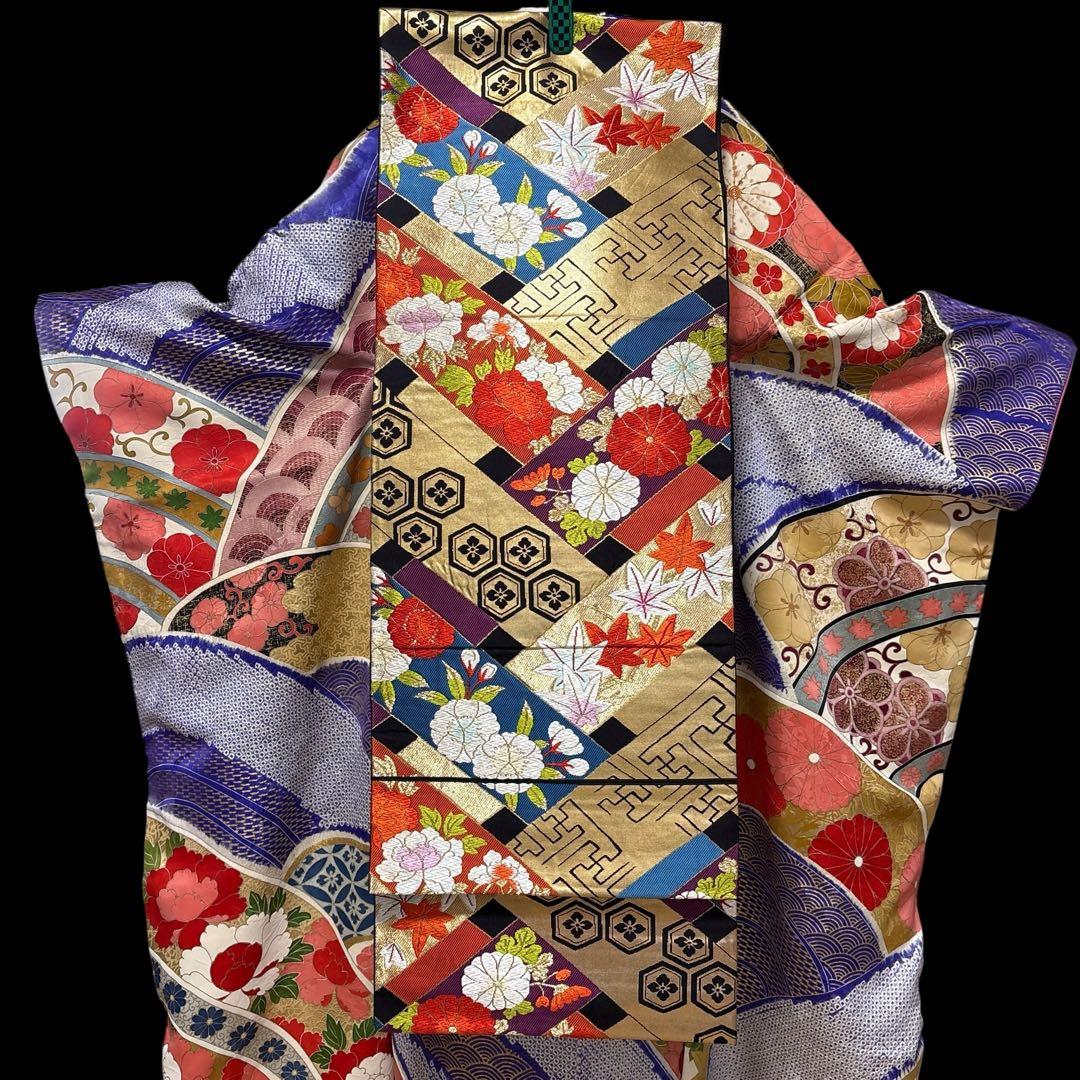 (う12)青紫の祝い青海波模様に本絞りや手描き✨アンティーク振袖⑤点セット㊗️