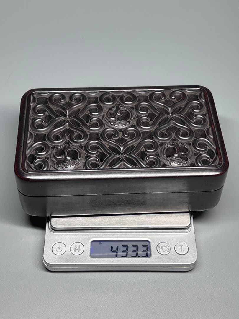 木製　小物入れ　紫檀　硯箱　透かし彫り　龍紋　極細工　文房具　中国美術　美品