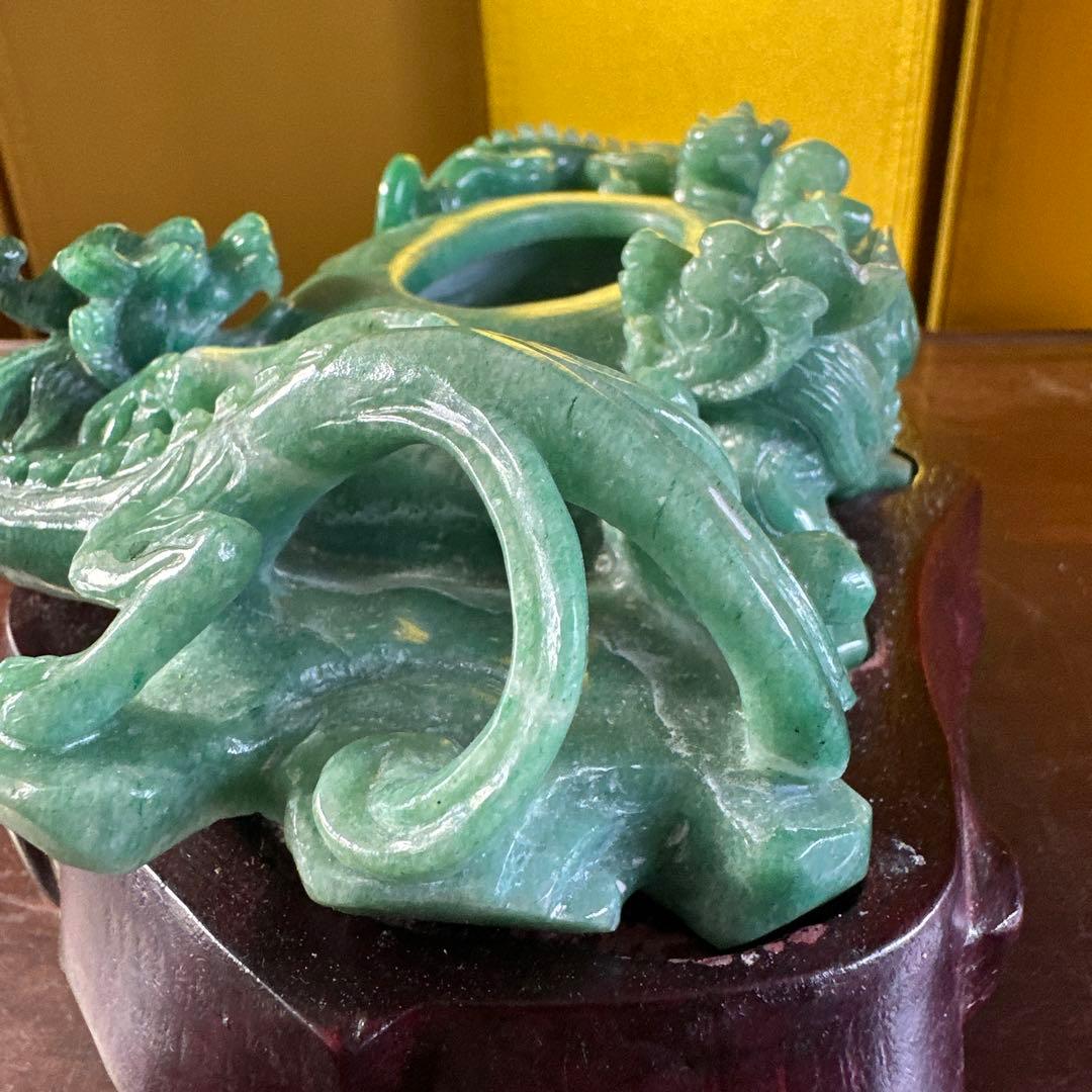 翡翠，置物，文房具，彫刻 ，木製台座付き