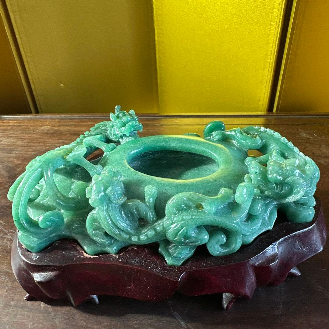 翡翠，置物，文房具，彫刻 ，木製台座付き