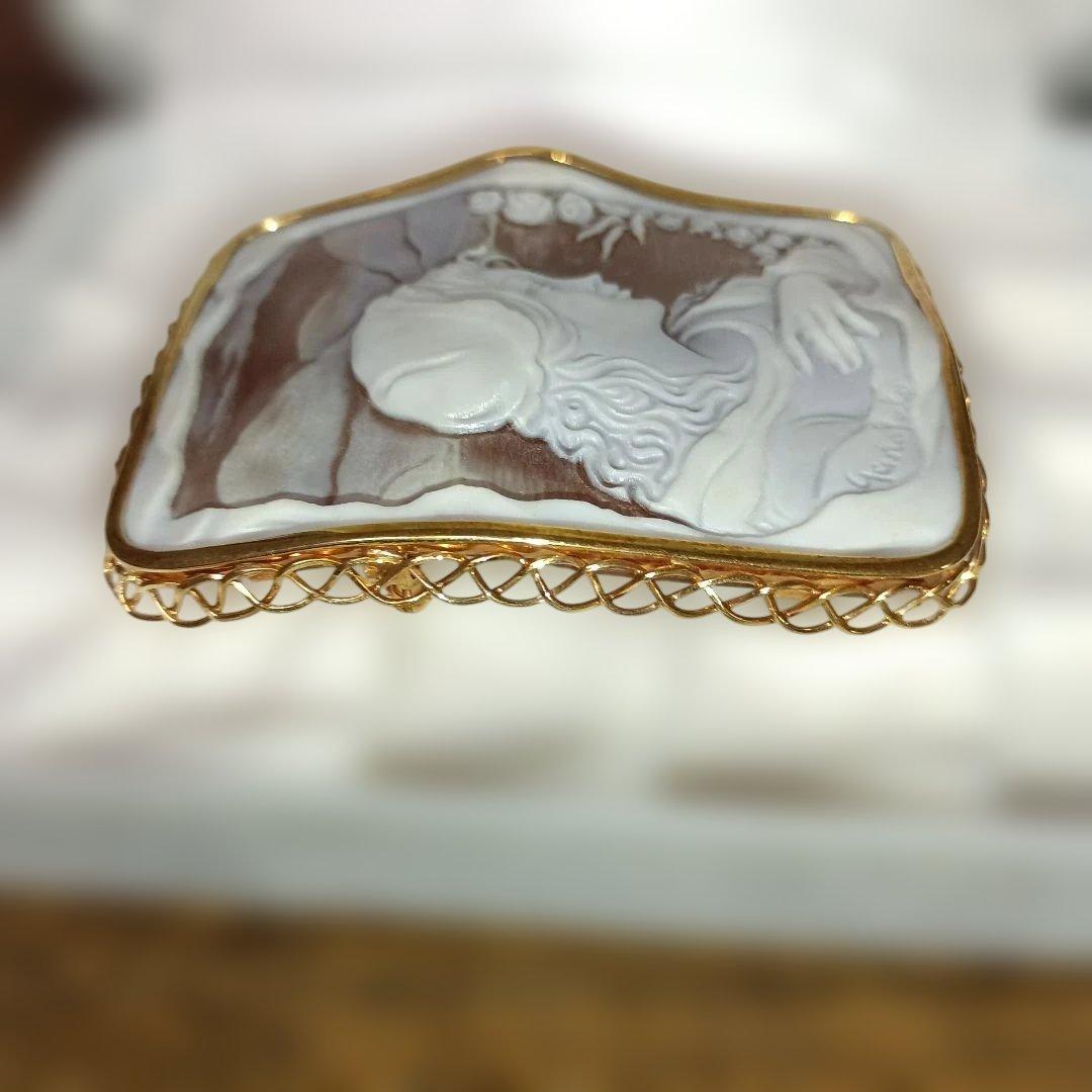 K18 カメオ ブローチ 作家ガロファロ　女性の横顔と花