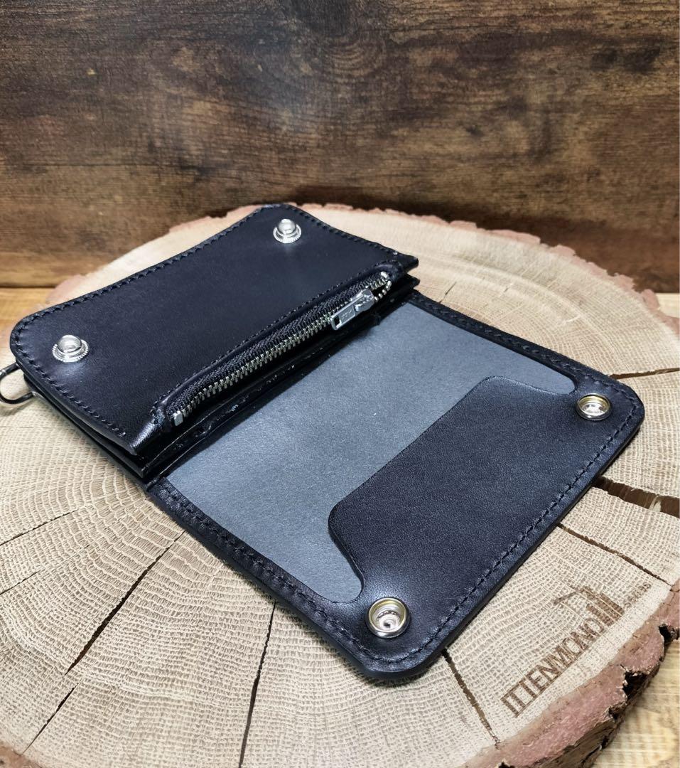 栃木レザー　お札を折らないショートトラッカーウォレット　黒　3層　ハンドメイド