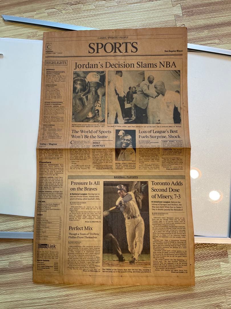 【激レア】マイケルジョーダン引退 新聞（1993年10月）