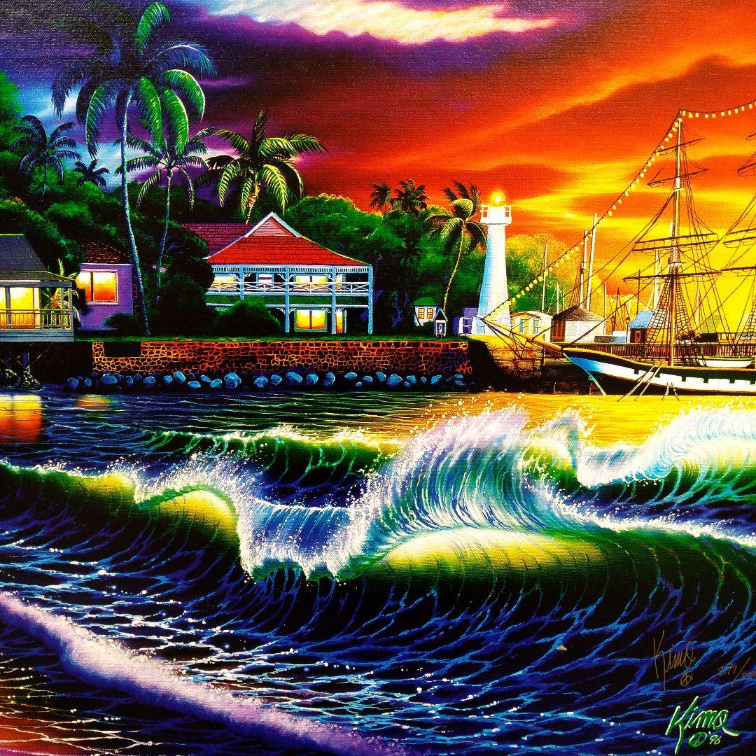 版画　横　特寸法　海　波　船　額装仕上げ品