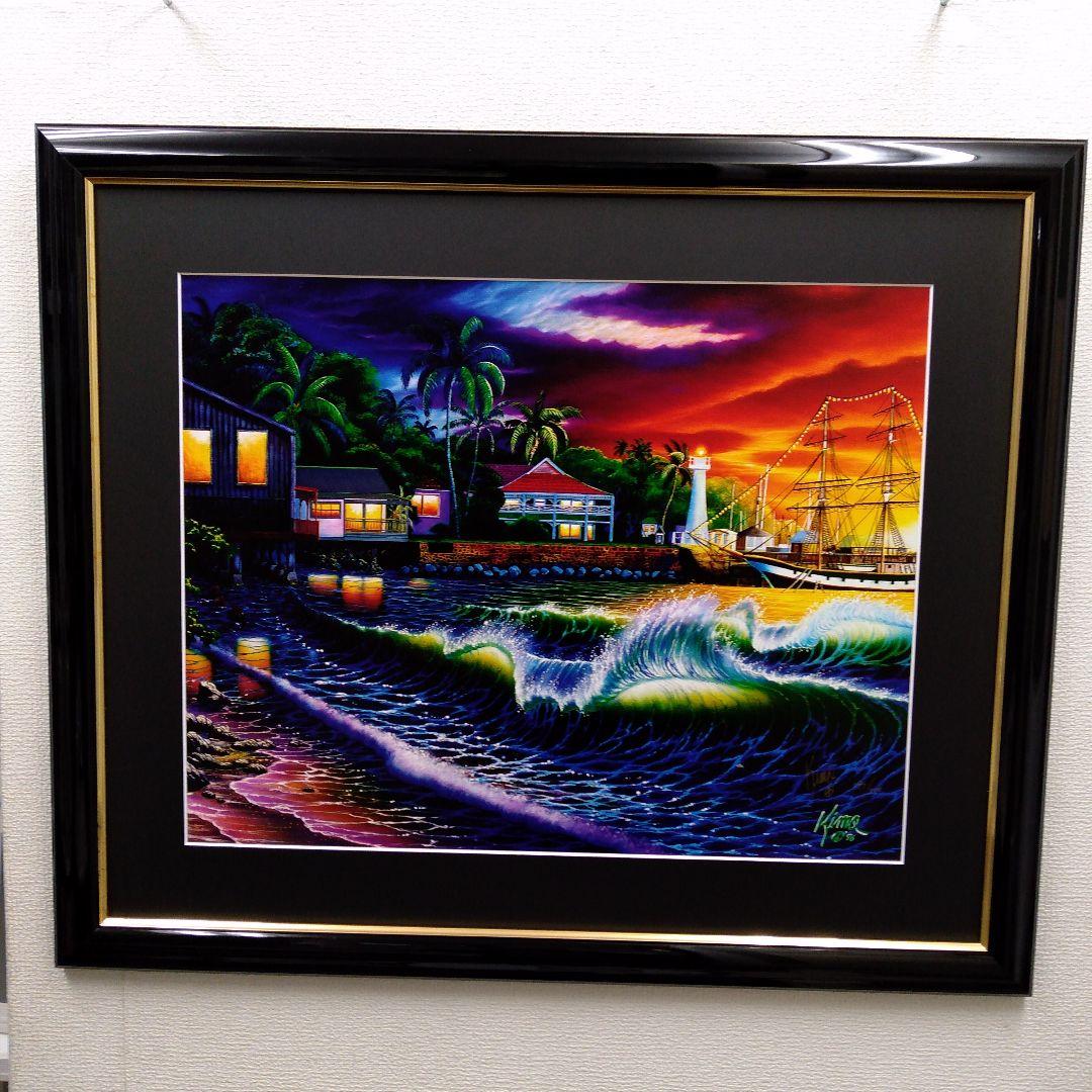 版画　横　特寸法　海　波　船　額装仕上げ品