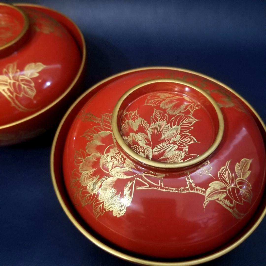 yuki 木製 吸物椀 朱塗 沈金牡丹花文 吸物椀 煮物椀 懐石椀 4客