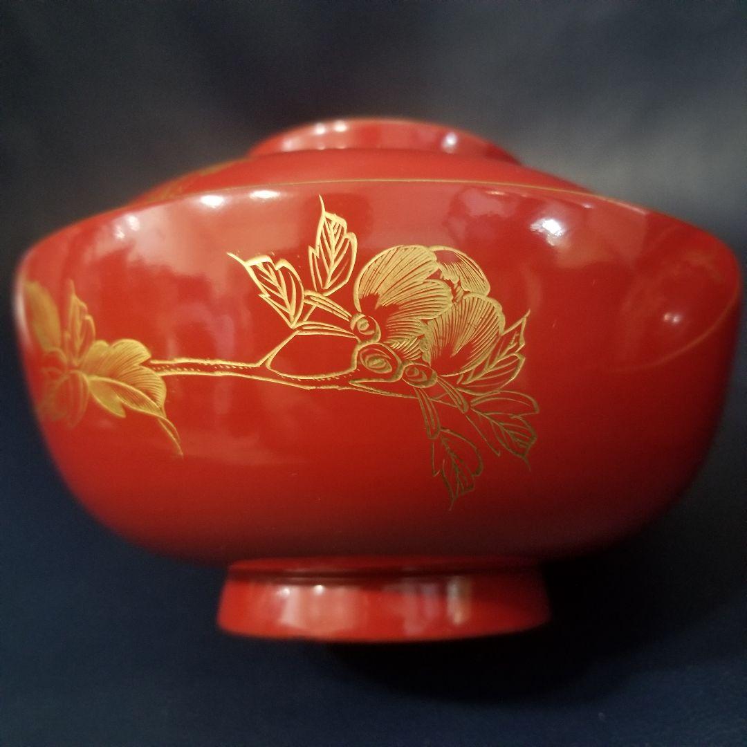 yuki 木製 吸物椀 朱塗 沈金牡丹花文 吸物椀 煮物椀 懐石椀 4客