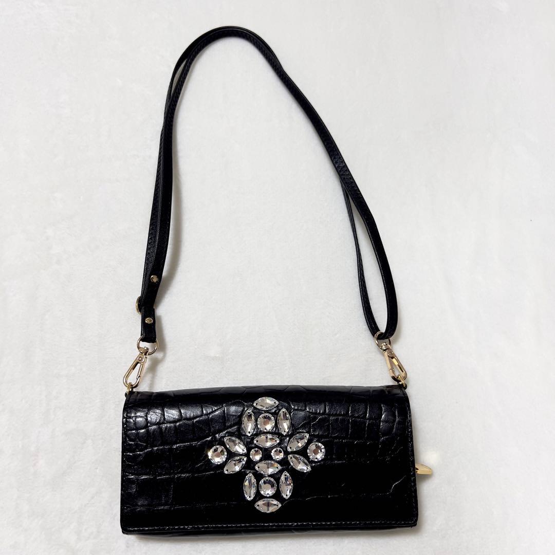 ADMJ ウォレットバッグ 長財布 2way スワロフスキー ビジュー ブラック