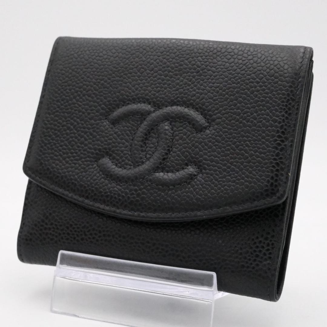 【美品】CHANEL シャネル キャビアスキン Wホック 折り財布 ココマーク