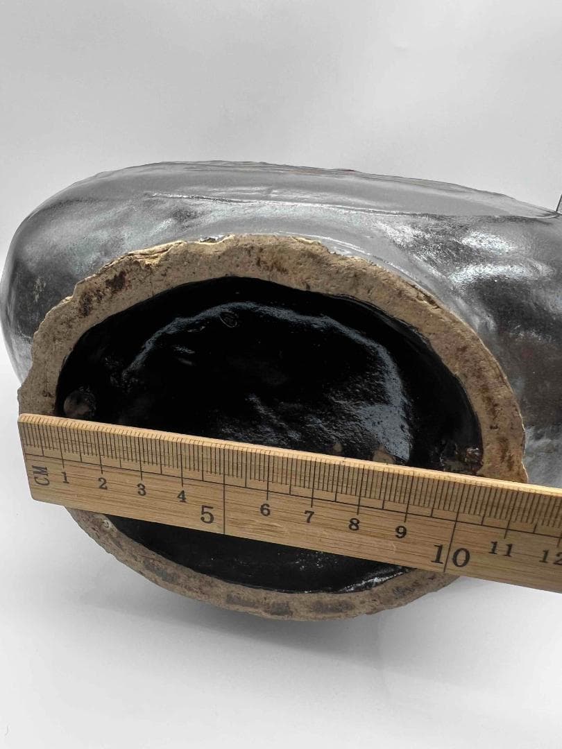 金～元時代 褐黑釉 木の葉文　大扁壺　花入　花瓶　茶道具(B-66)