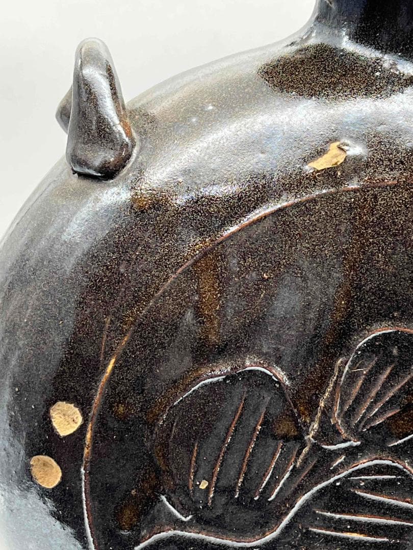 金～元時代 褐黑釉 木の葉文　大扁壺　花入　花瓶　茶道具(B-66)