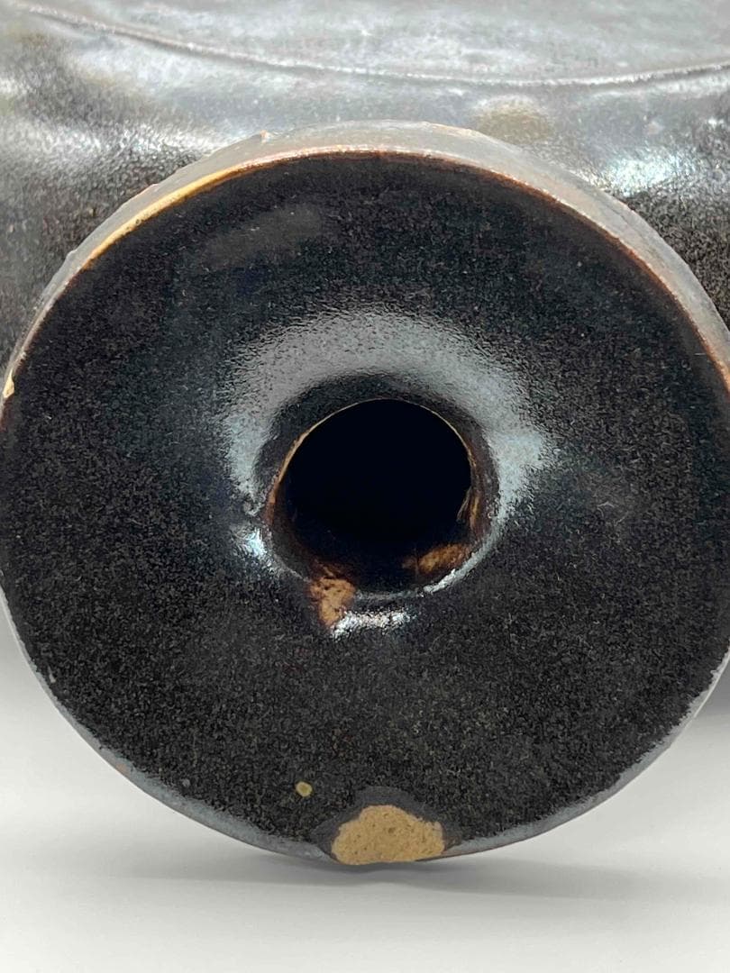 金～元時代 褐黑釉 木の葉文　大扁壺　花入　花瓶　茶道具(B-66)