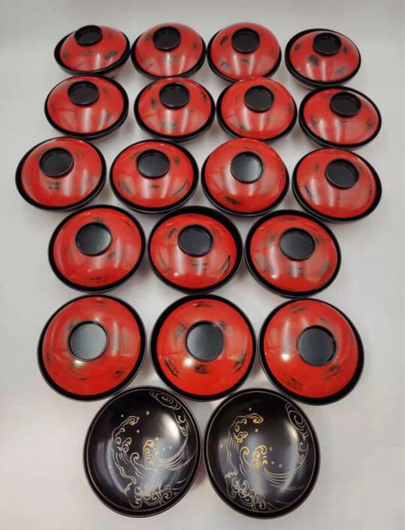 古い根来塗　蓋付汁椀　吸物椀　木製蒔絵椀20客　懐石料理　木箱付　漆芸　古美術