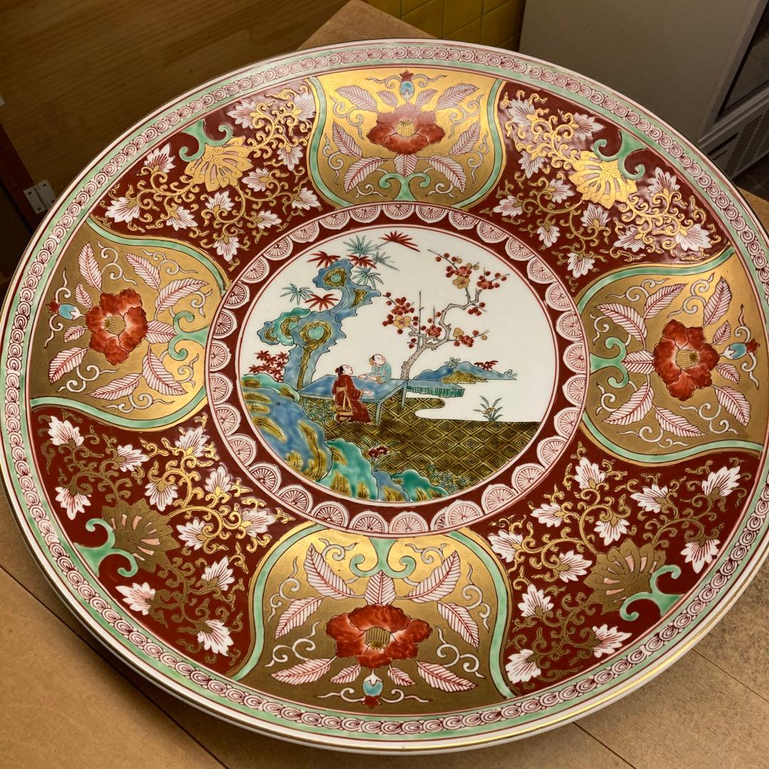 哲山 装飾皿 花柄 風景画　46センチ