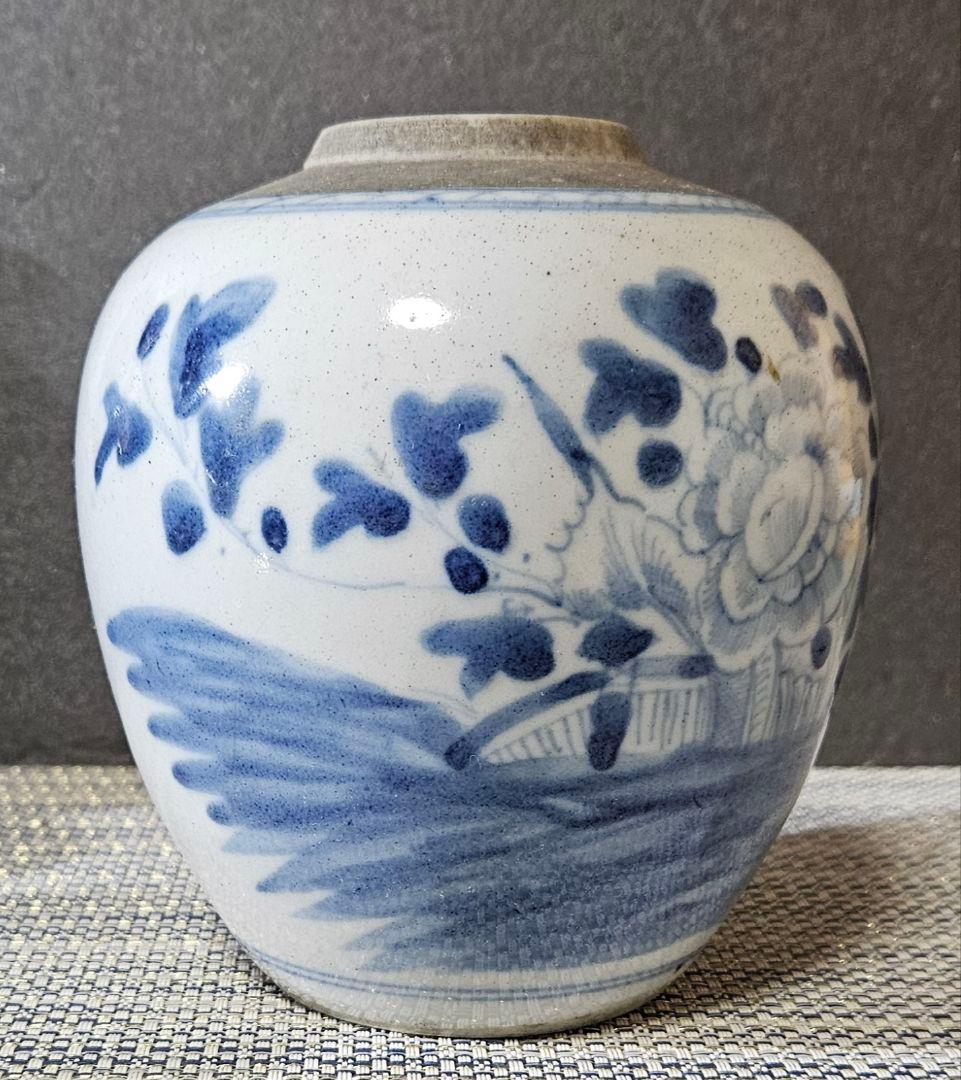 中国古陶磁器　清代　清朝　青華　古染付 草花の図　茶壺　花入れ　茶道具　茶器