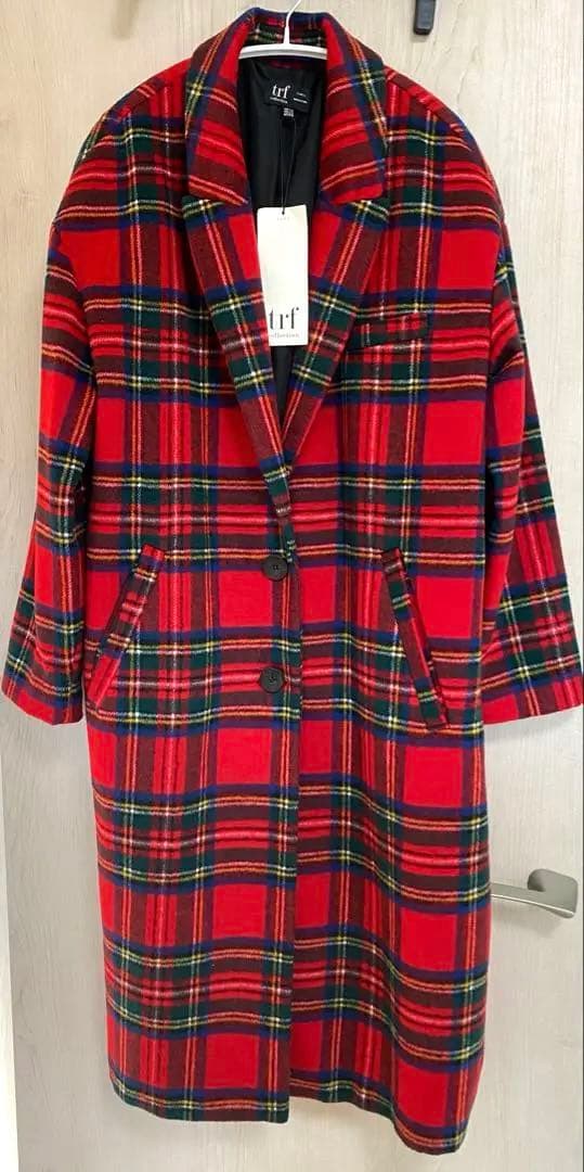 ZARA trf チェック柄 赤　チェスターコート ロングコート　秋冬