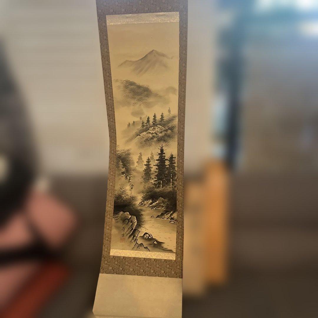 平野 翠雪 筆 彩色山水 掛け軸 掛軸 肉筆 共箱 水墨画