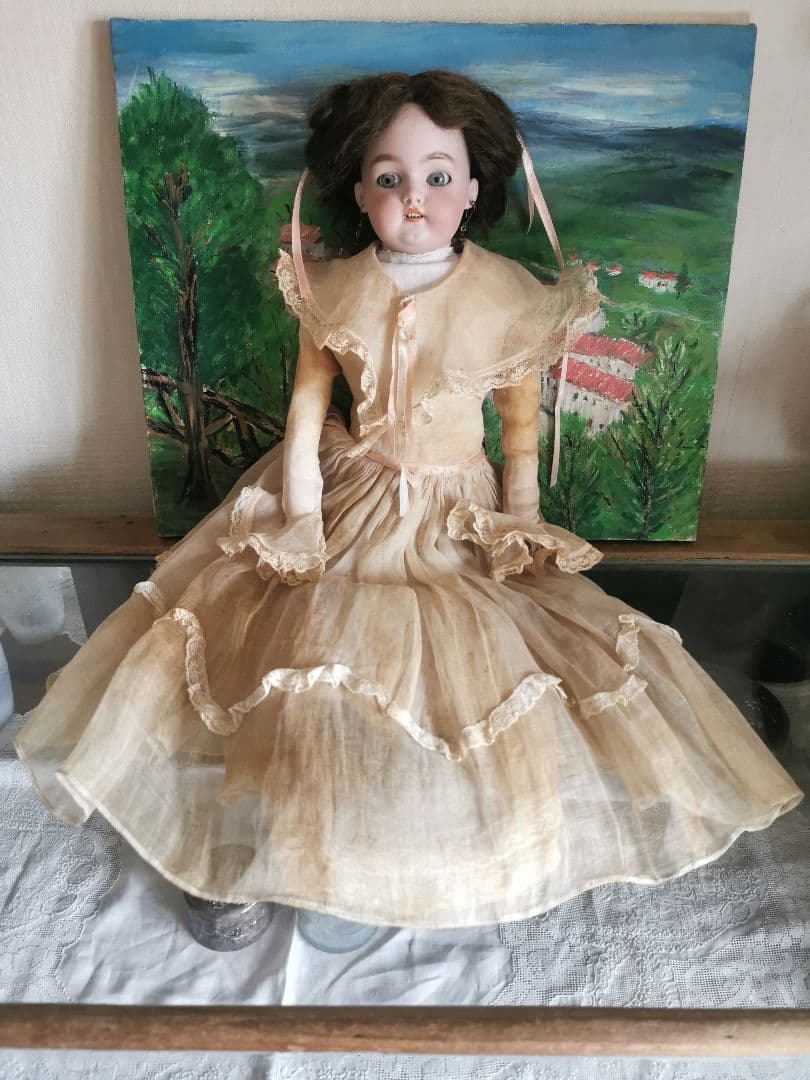 アンティーク ドイツ ビスクドール グレイッシュブルーアイ オーガンジードレス