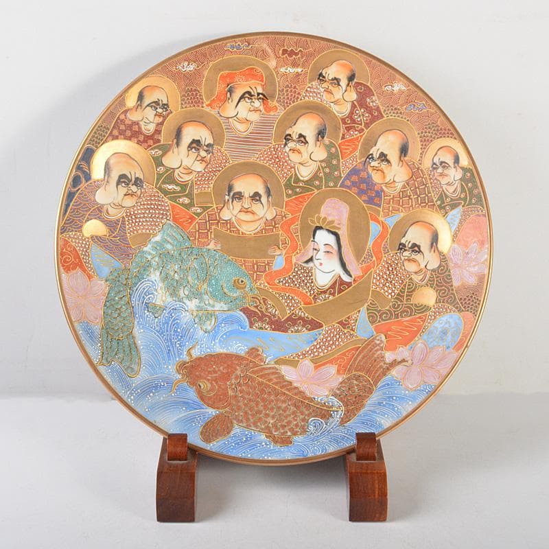 九谷焼　色絵金彩　人物魚文　大皿　飾皿　直径約36㎝　在銘　V　5780C