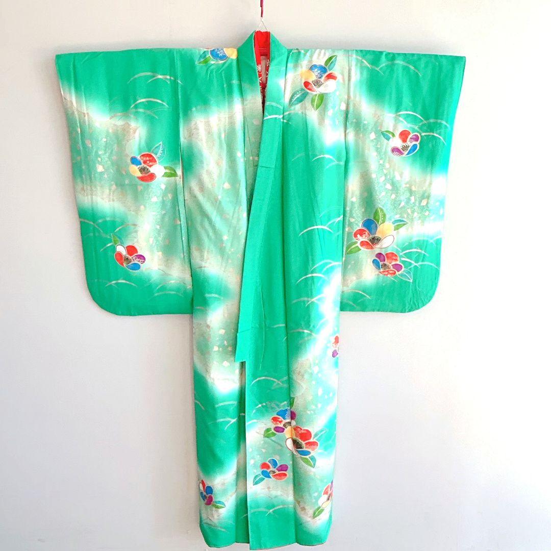 フルセット 七五三 7歳女の子 長着＆長襦袢＆帯＆小物　エメラルド　金銀プリント