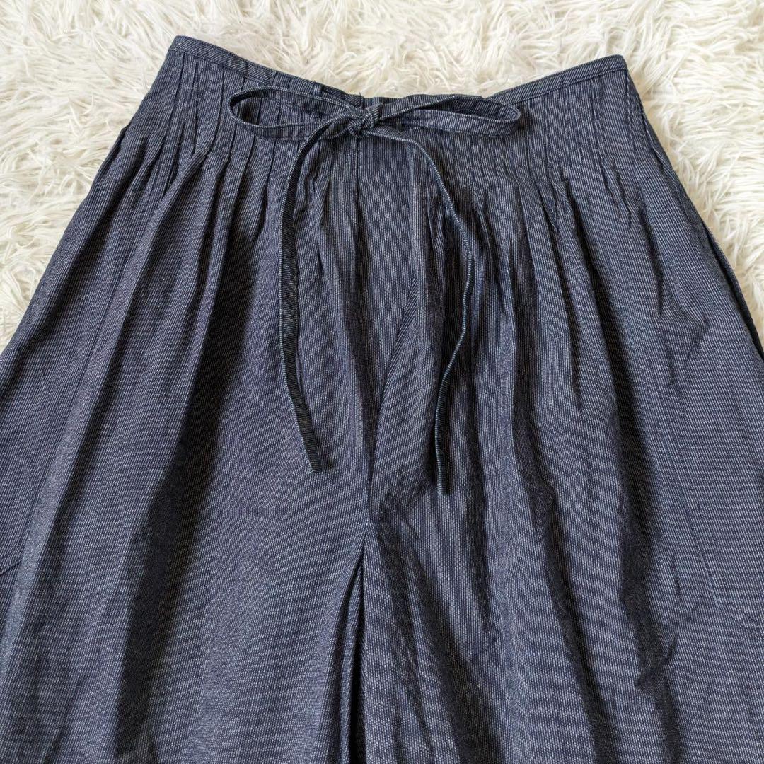 45R キュロットギャザーワイドパンツ　ストライプ　インディゴ　サイズ1 日本製