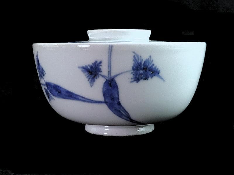 古伊万里　染付　人参に蝶の図　蓋茶碗 江戸期　C452AS-CAy