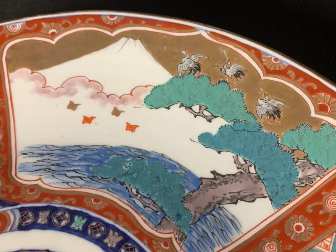 古伊万里 元禄伊万里 染錦 窓絵 富士に千鳥鶴松図 妖怪文 大飾皿 江戸中期