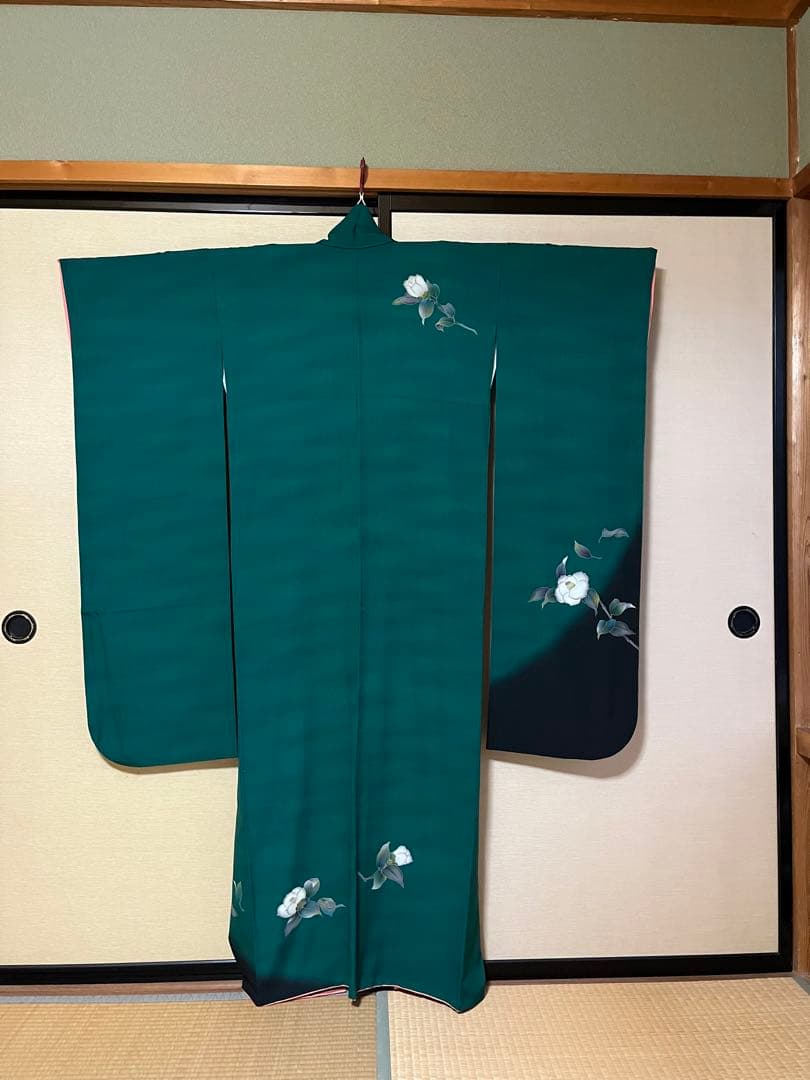 成人式、振袖、ちりめんグリーン花柄