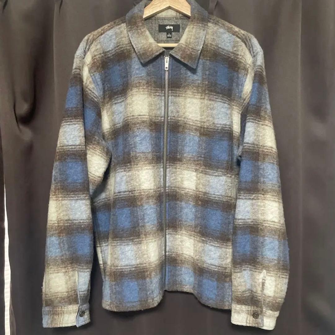 【美品】STUSSY BRUSHED WOOL PLAID ZIP SHIRT