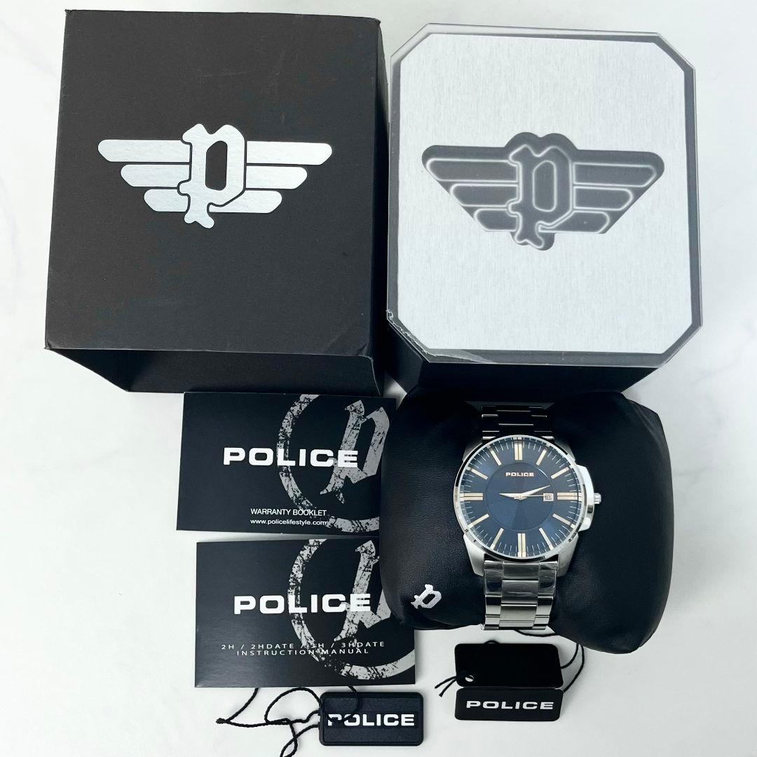 【美品】 稼働 POLICE 14384J ネイビー文字盤 デイト 腕時計
