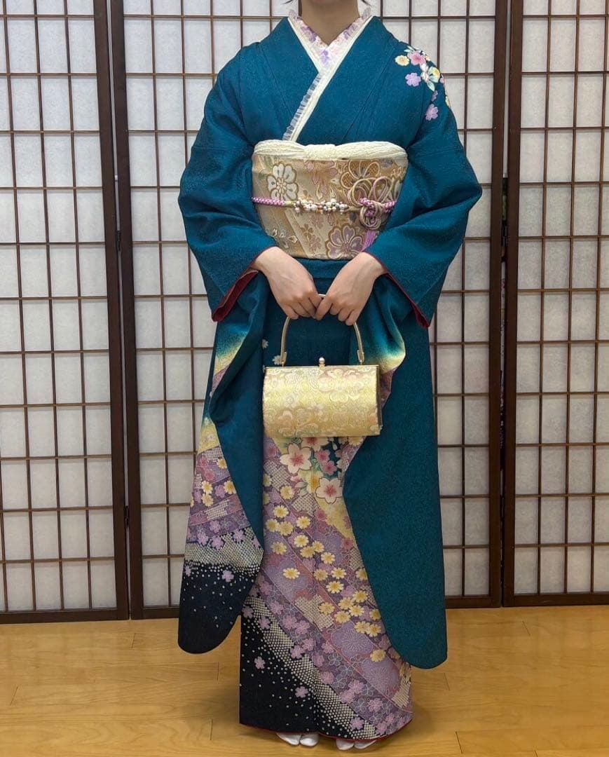 振袖青緑色ラメ入り　フルセット