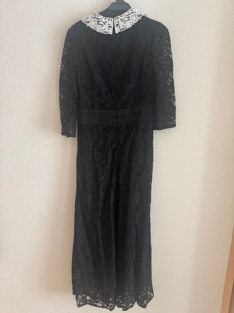 Leja レースビックカラー花柄刺繍ウエストマークロングフレアドレス