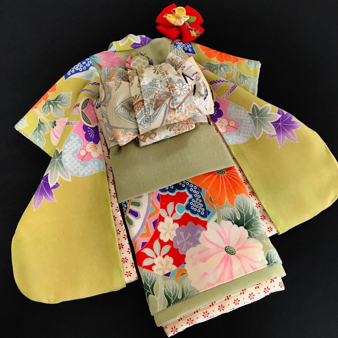 ＊ 市松人形 12号 鯛車 鼓 花 錦紗縮緬 アンティーク 着物 帯 ＊