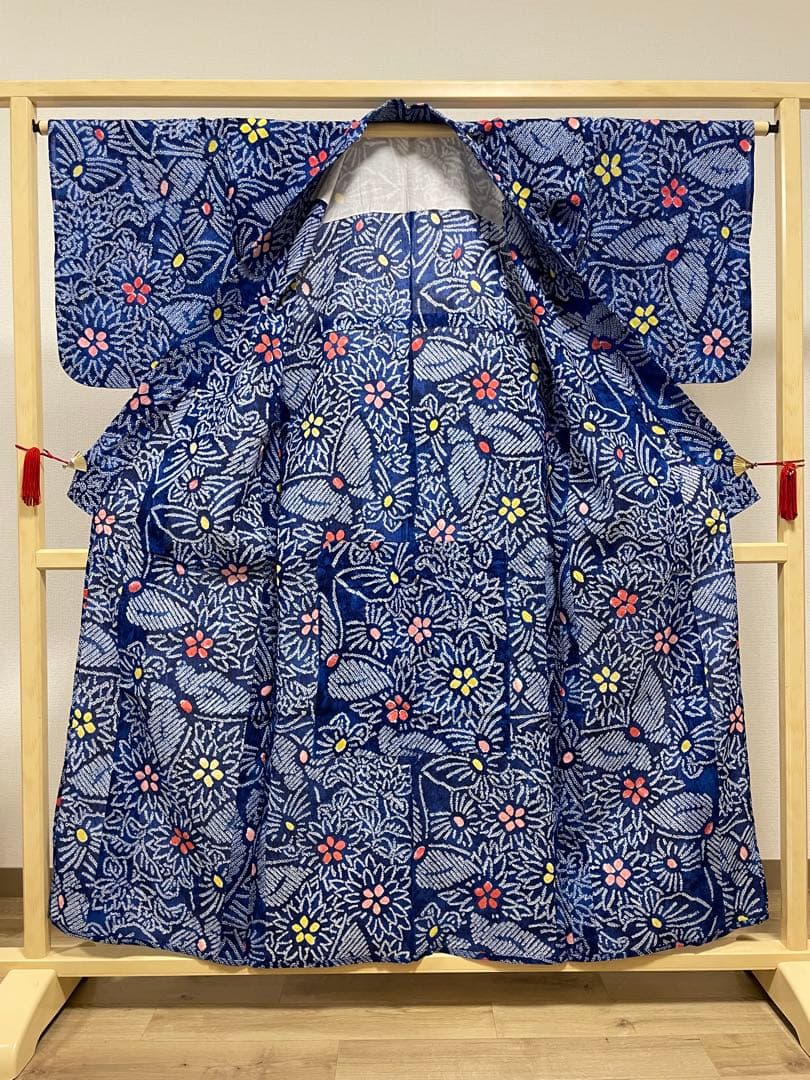 G 美品 有松鳴海絞り 蝶模様 青 綿 浴衣 着物